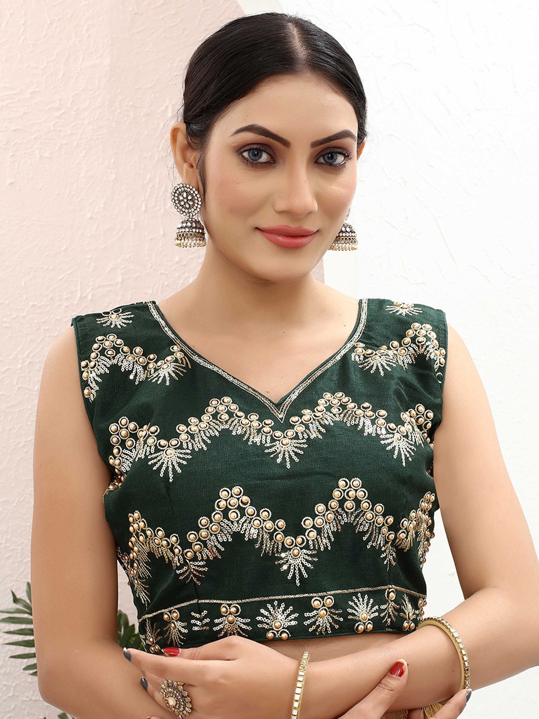 

Krimmple Women Embellished Non-Padded Saree Blouse, Green