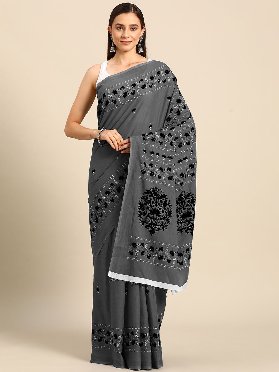 

BUTA BUTI Floral Printed Pure Cotton Saree, Grey