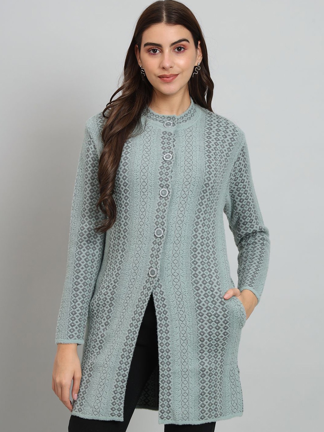 

Chemistry Women Geometric Self Design Longline Cardigan, Sea green