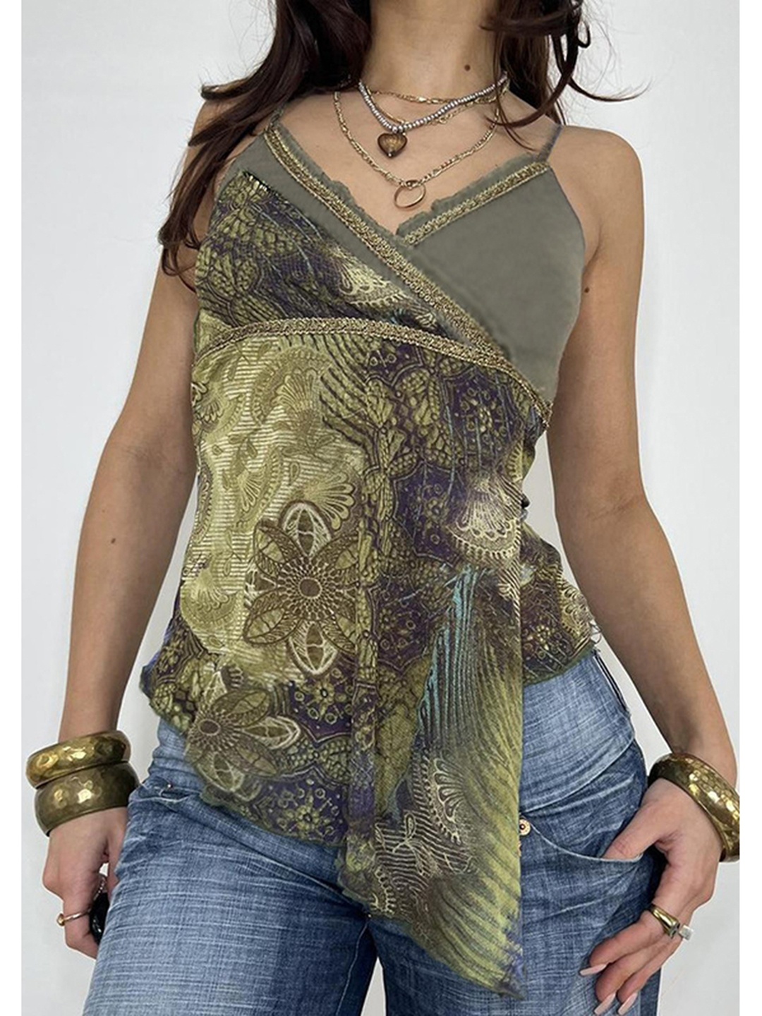 

LULU & SKY Women Abstract Printed V-Neck Top, Green