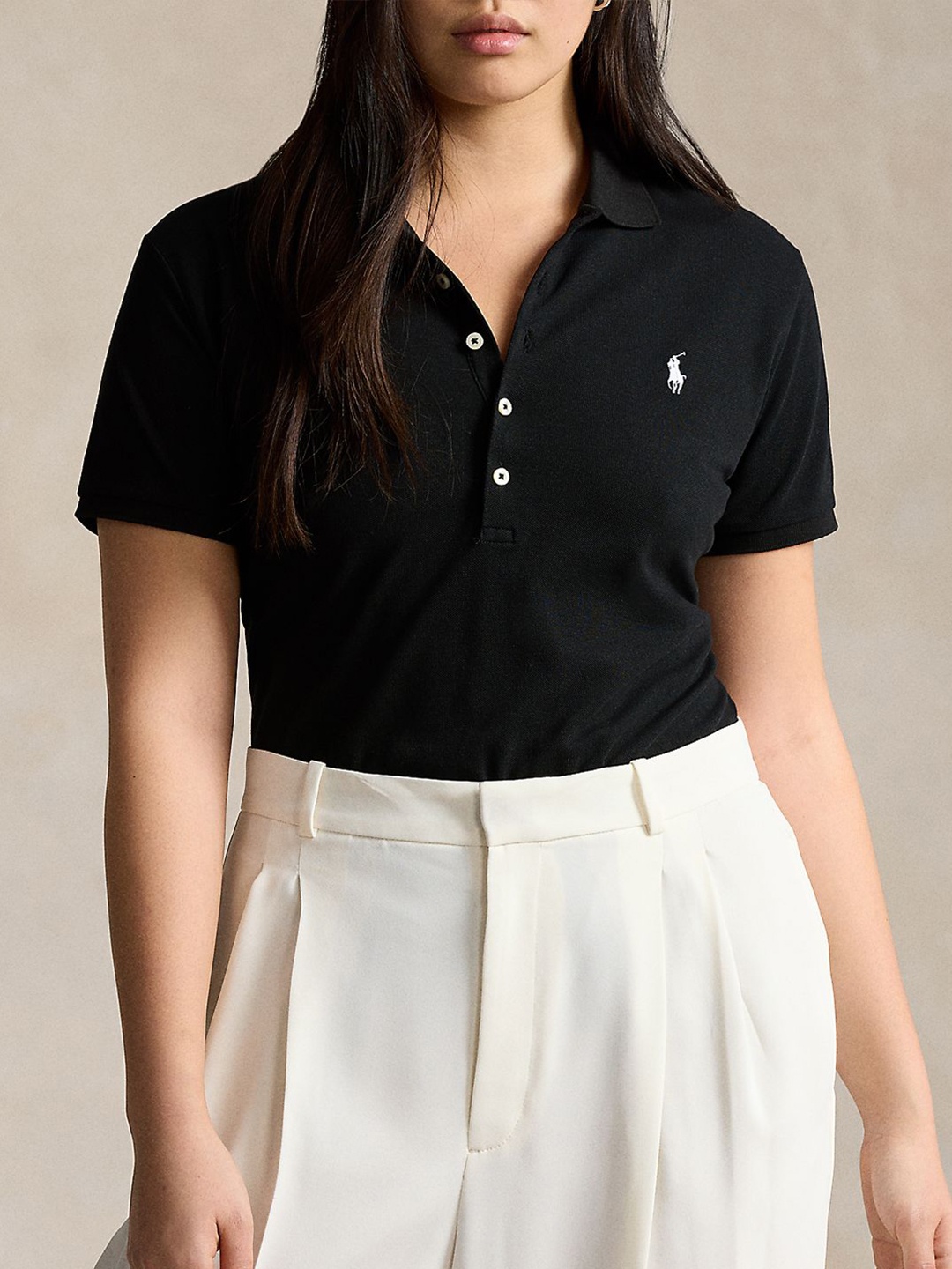 

Polo Ralph Lauren Women Solid Pure Cotton Slim Fit Polo Collar T-Shirt, Black