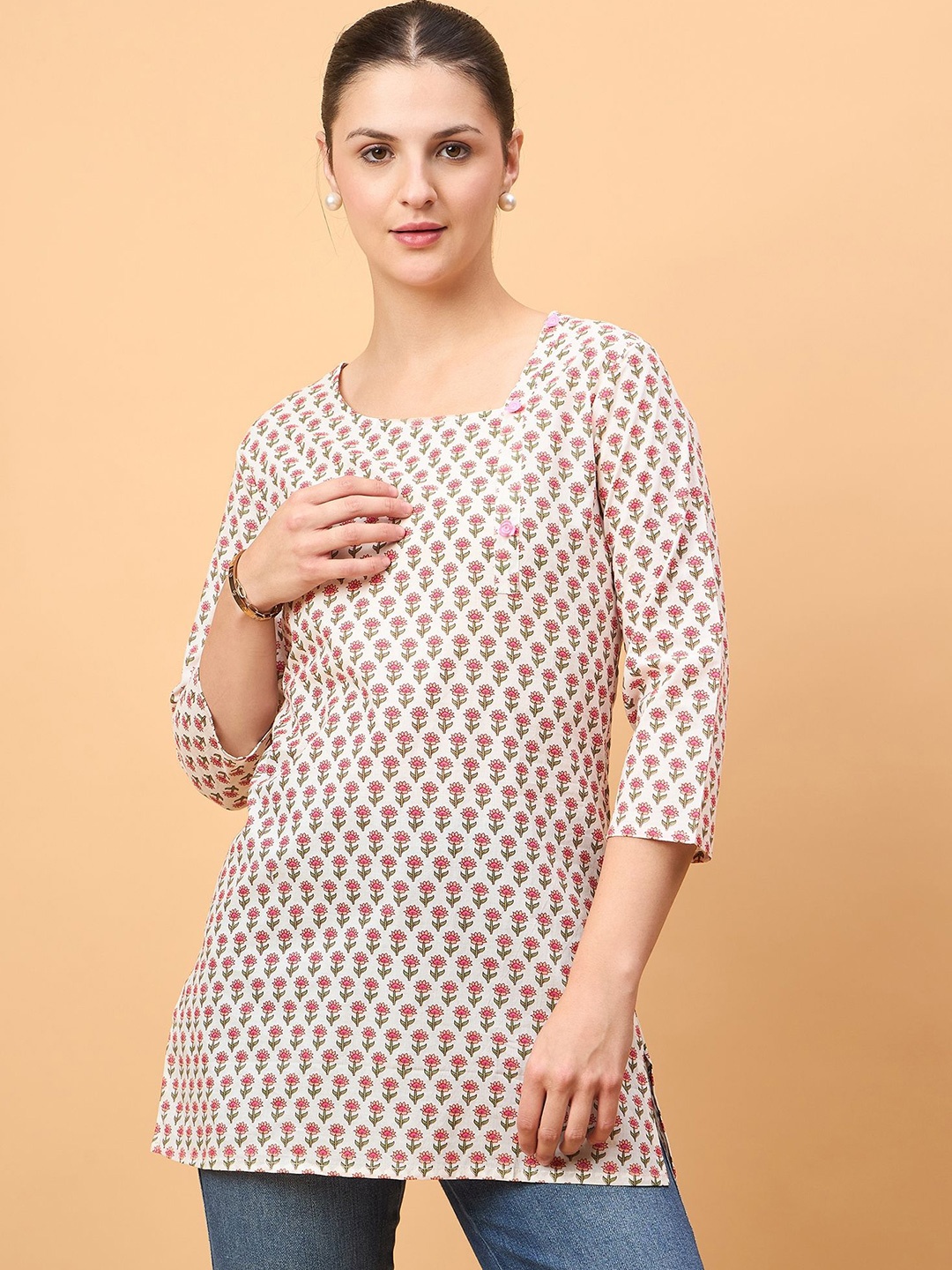 

NEESH Women Floral Printed V-Neck Top, Beige