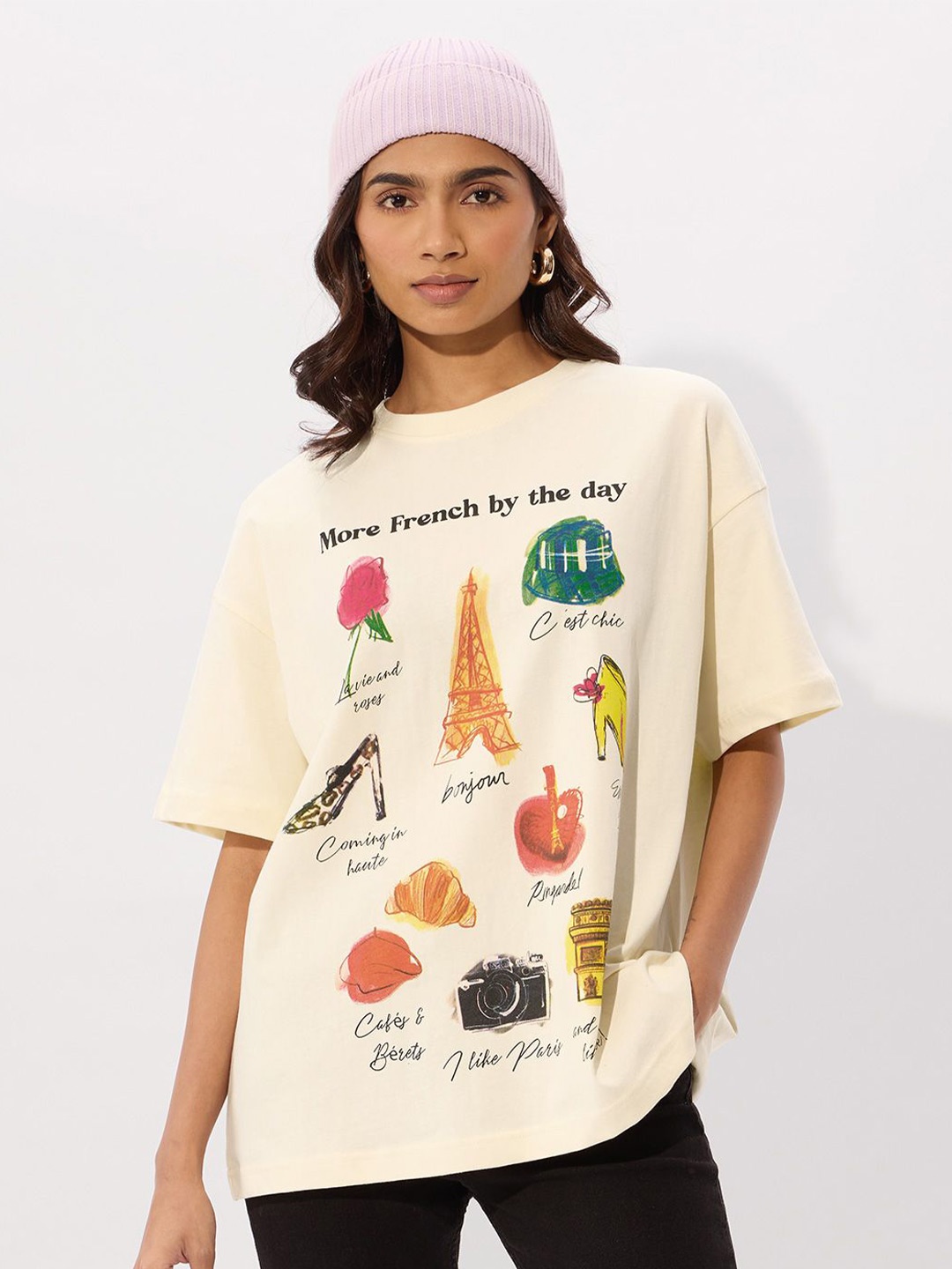 

The Souled Store Women Typography Printed Round Neck Cotton Oversized T-shirt, Off white