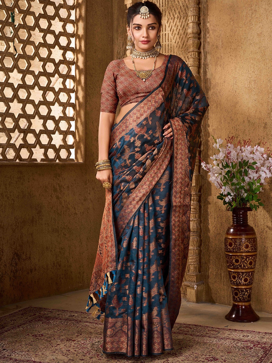 

KALINI Woven Design Zari Organza Banarasi Saree, Blue