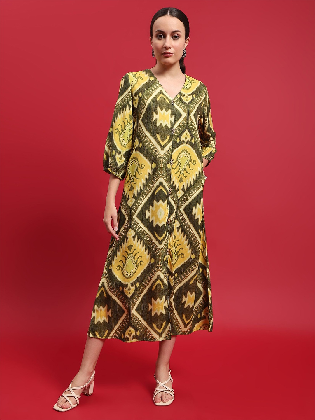 

Shree Ethnic Motifs Printed Puff Sleeve Liva A-Line Maxi Dress, Olive