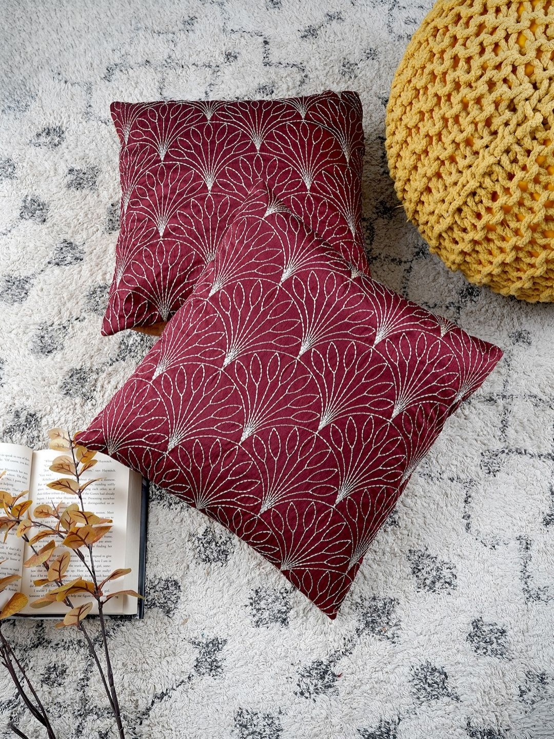 

Ratan Cart Maroon & White 2 Pieces Floral Embroidered Square Shaped Cushion Covers