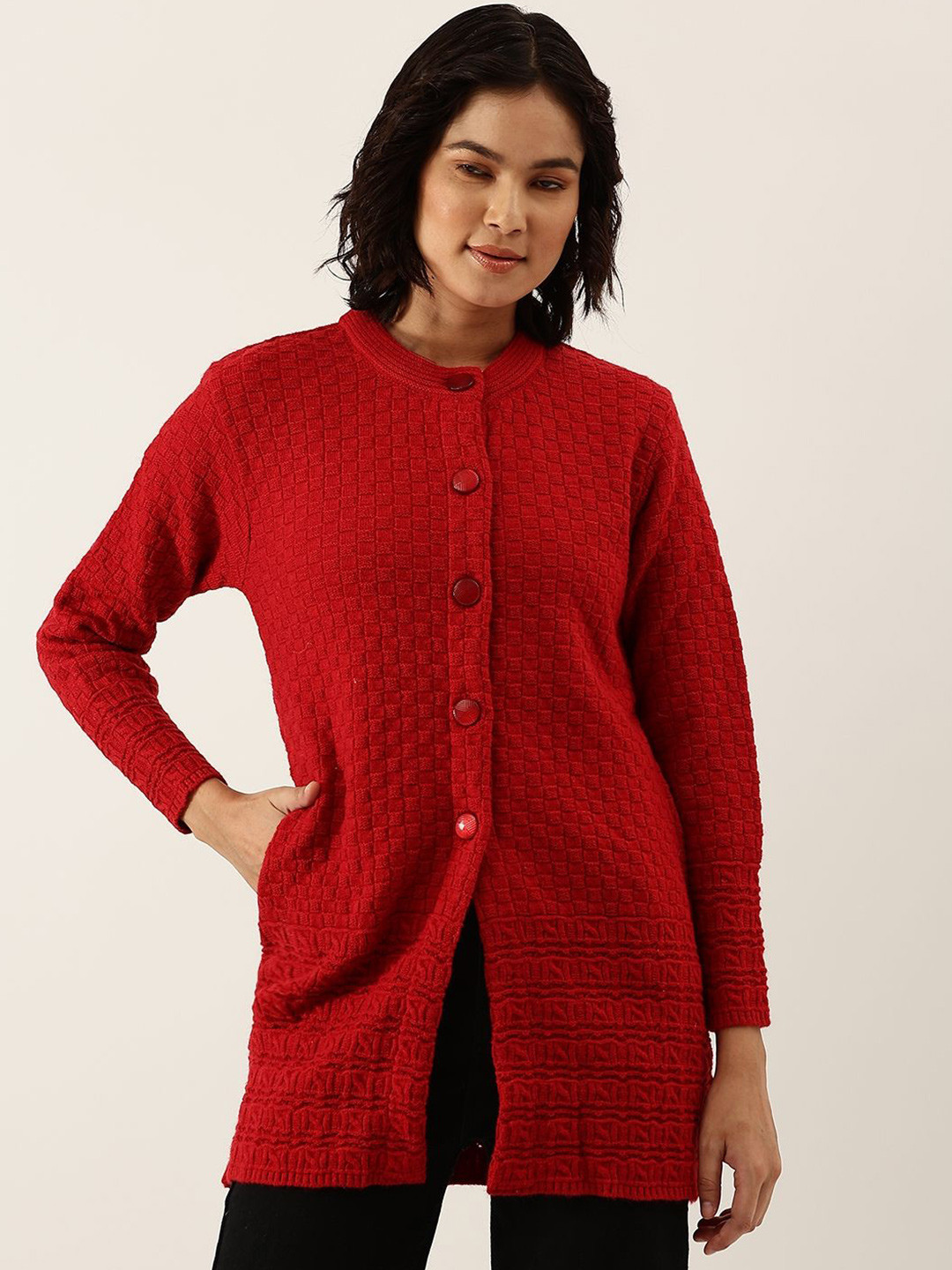 

Chemistry Women Cable Knit Longline Front-Open Sweater, Red