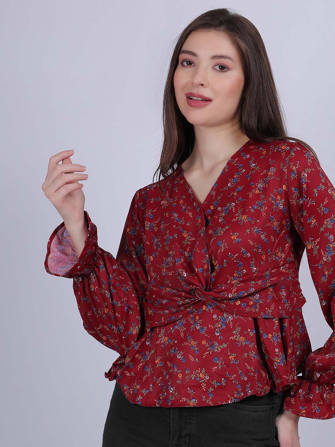 

Aumbe Women Floral Printed V-Neck Top, Maroon