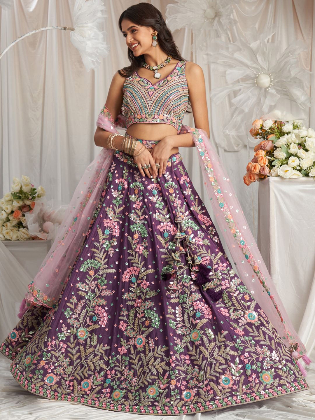 

panchhi Embroidered Sequinned Semi-Stitched Lehenga & Unstitched Blouse With Dupatta, Purple