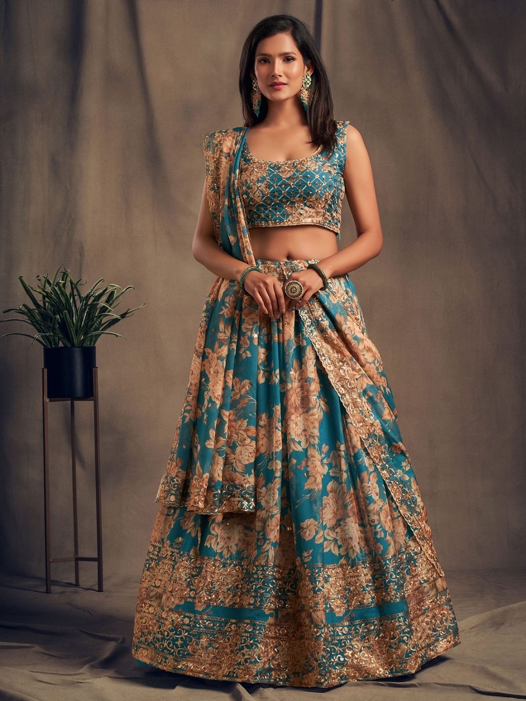 

ODETTE Floral Embellished Sequinned Semi-Stitched Lehenga & Blouse With Dupatta, Teal