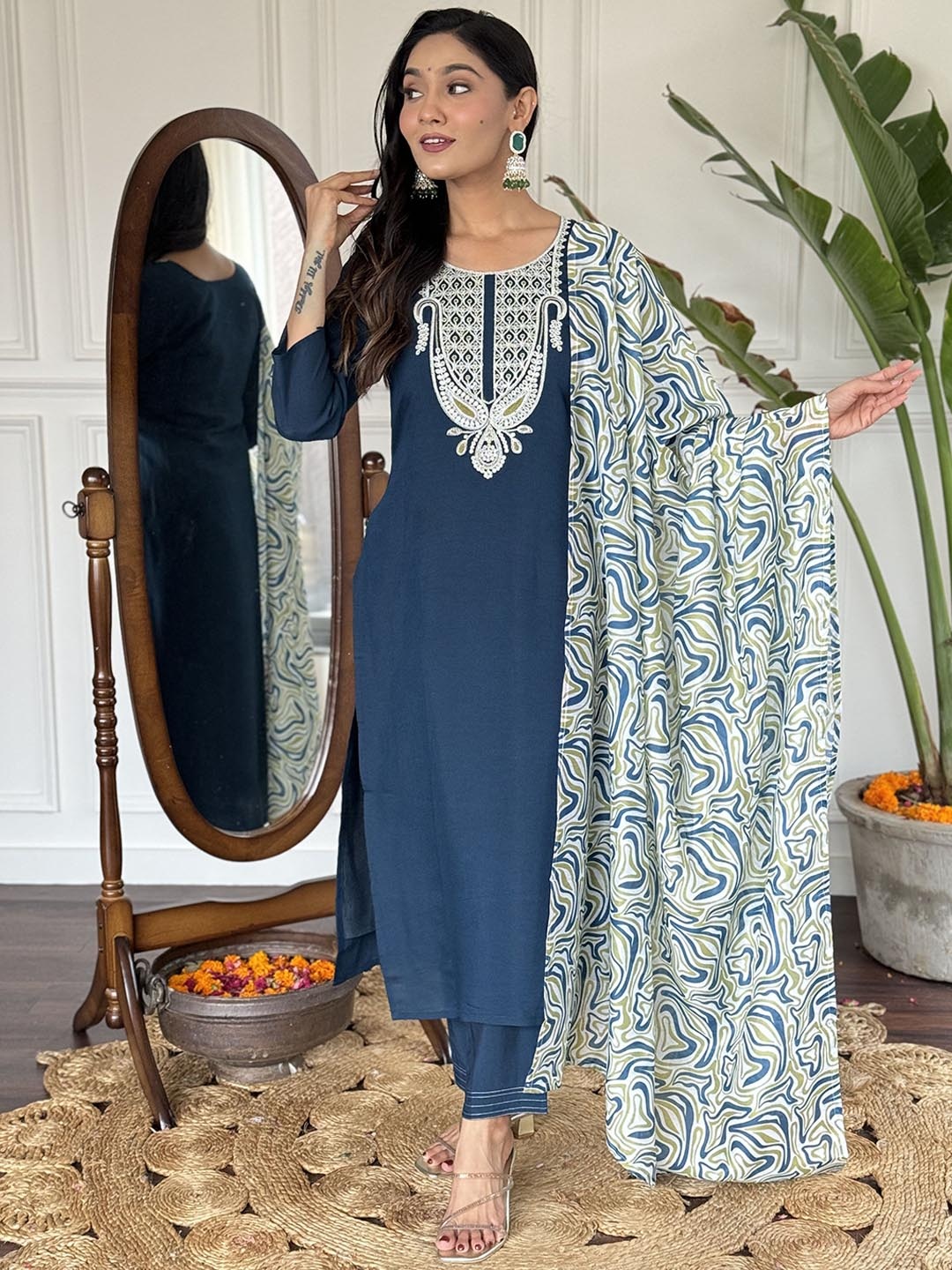 

KALINI Paisley Embroidered Round Neck Regular Kurta With Trousers With Dupatta, Turquoise blue