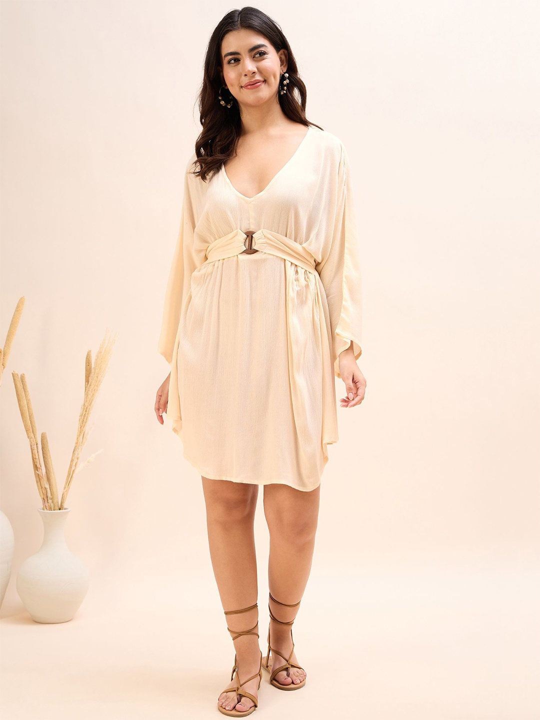

DressBerry Women V-neck Bell Sleeve Fit and Flare Dress, Beige