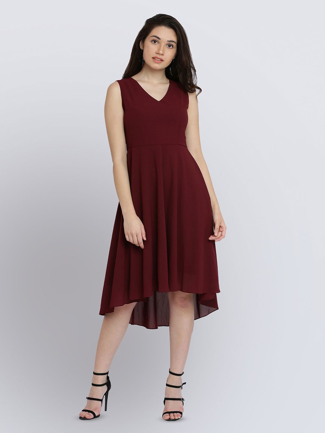 

BAESD Women V Neck Sleeveless Solid High Low Midi Skater Dress, Maroon