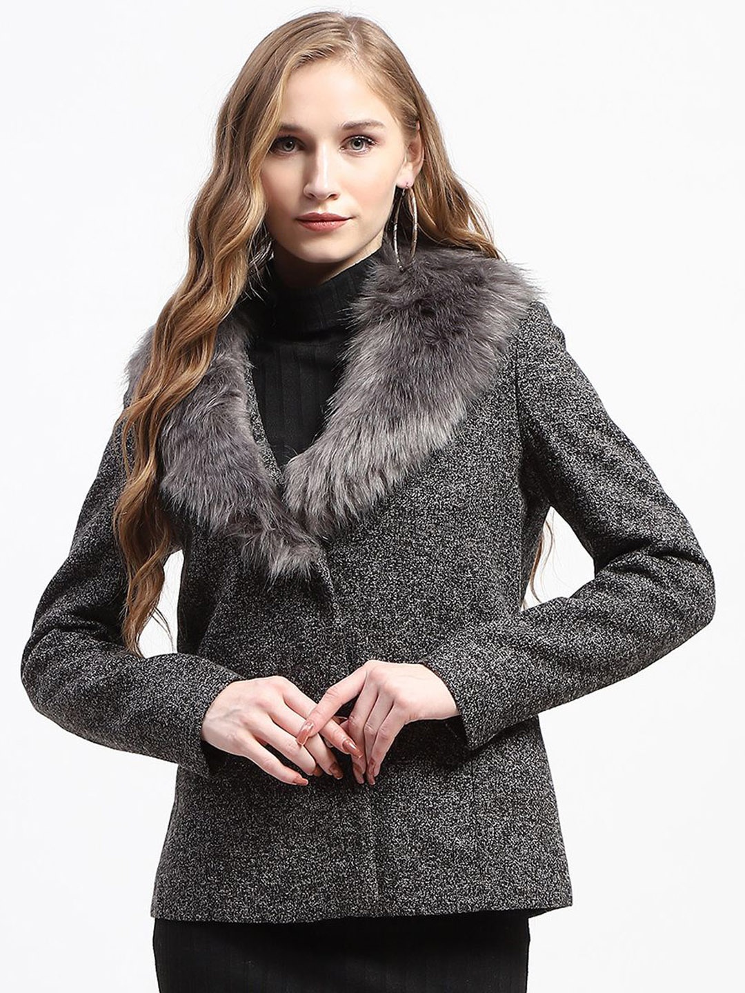 

Madame Women Single-Breasted Fur Neck Overcoat, Grey
