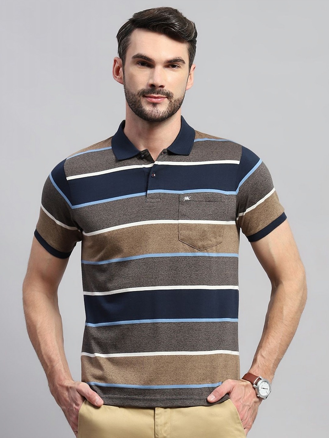 

Monte Carlo Men Striped Polo Collar Cotton T-shirt, Blue