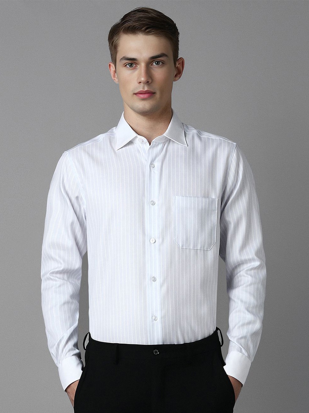 

Louis Philippe Men Classic Spread Collar Vertical Striped Cotton Formal Shirt, Blue