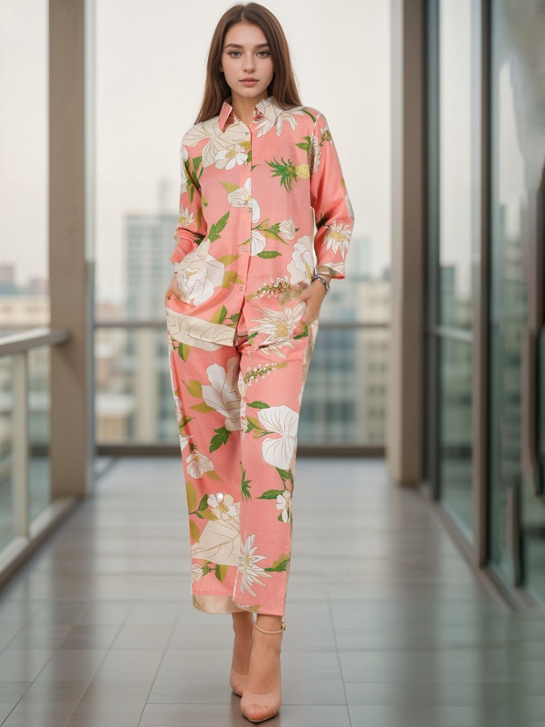 

BAESD Floral Printed Shirt With Palazzo, Peach