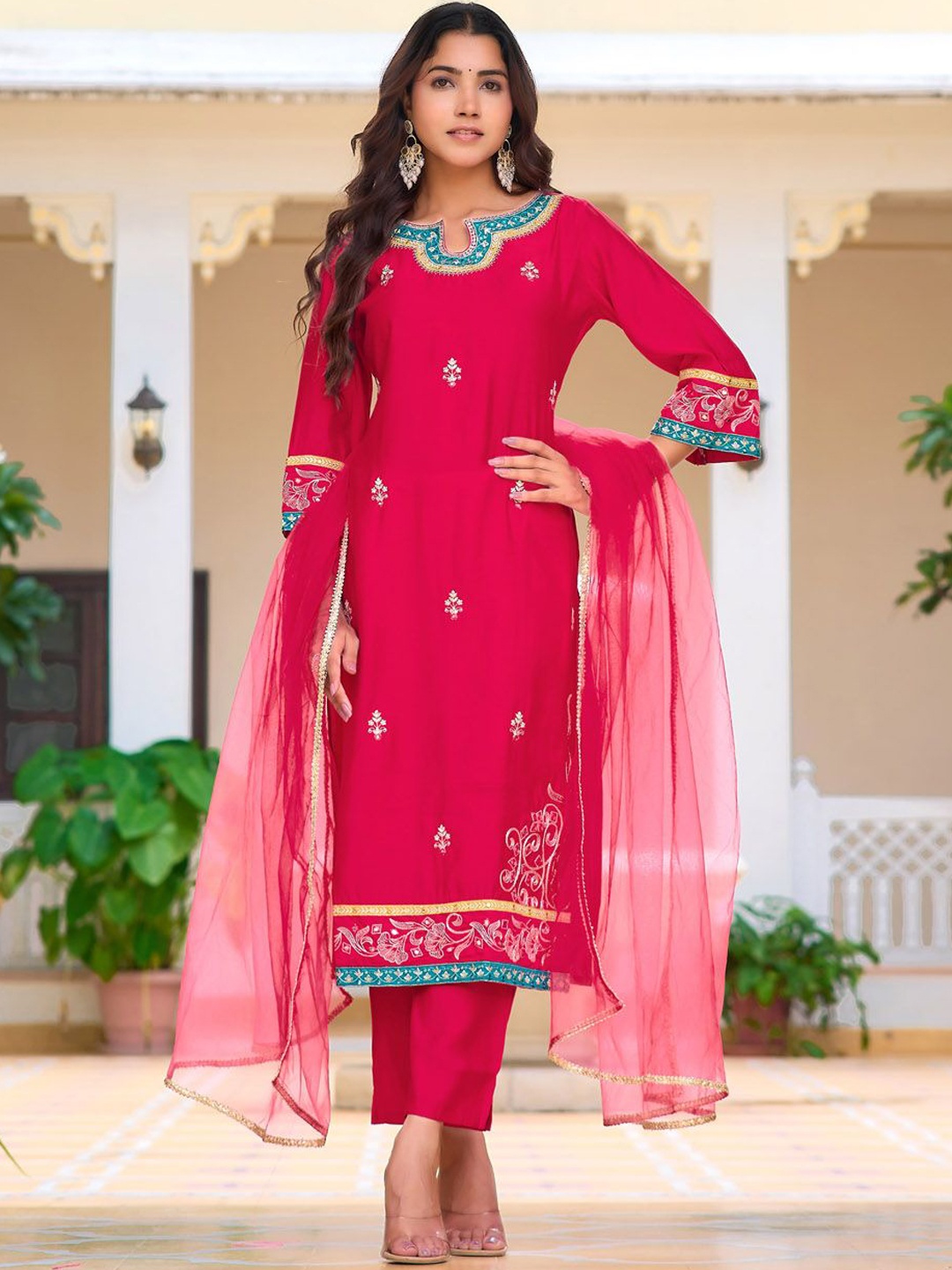 

Berrylicious Floral Embroidered Mirror Work Chanderi Cotton Kurta & Trousers & Dupatta, Pink