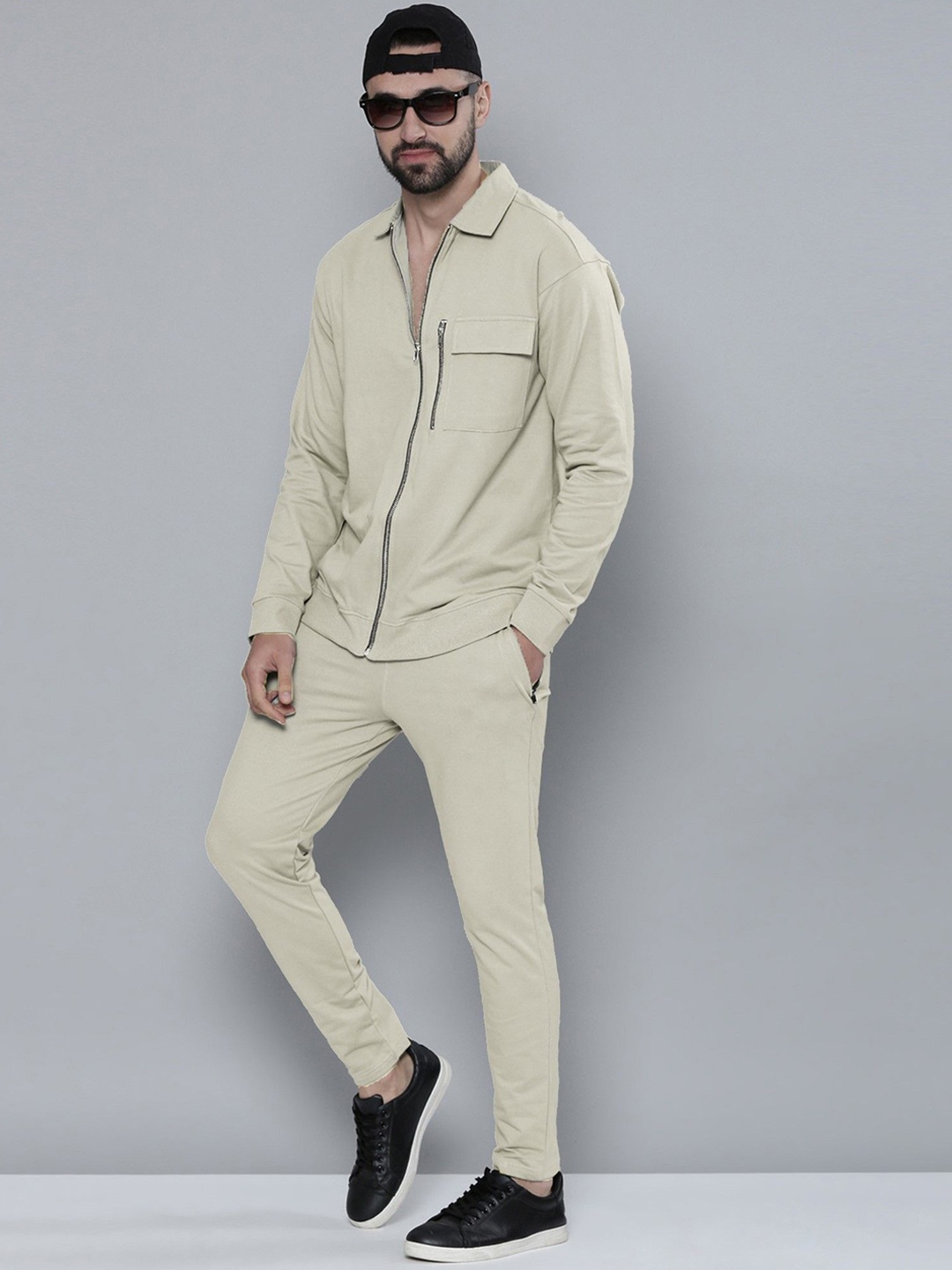 

Maniac Polo Collar Pure Cotton Jacket With Trouser, Beige