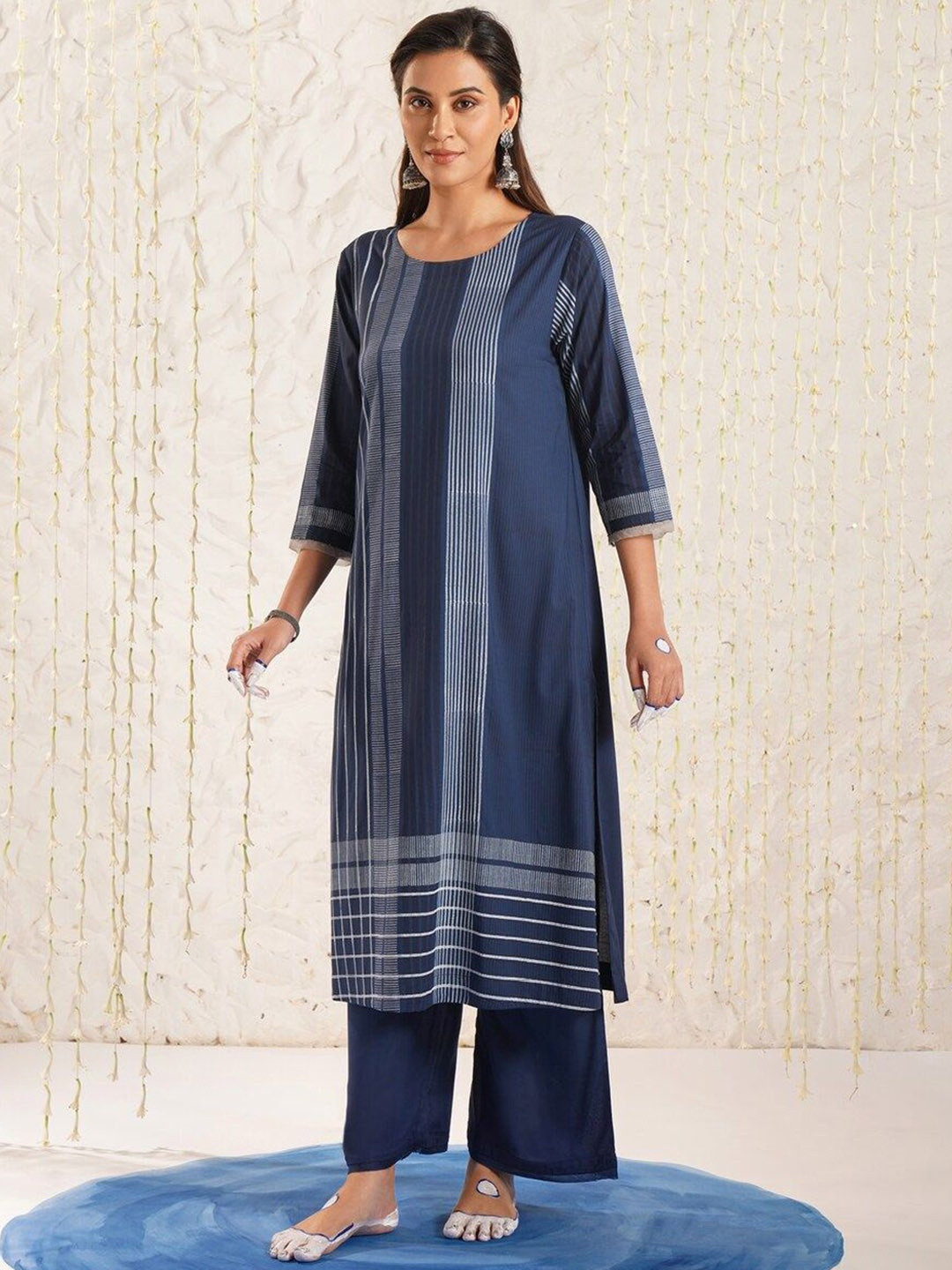 

JAYPORE Striped Modal A-Line Kurta, Navy blue