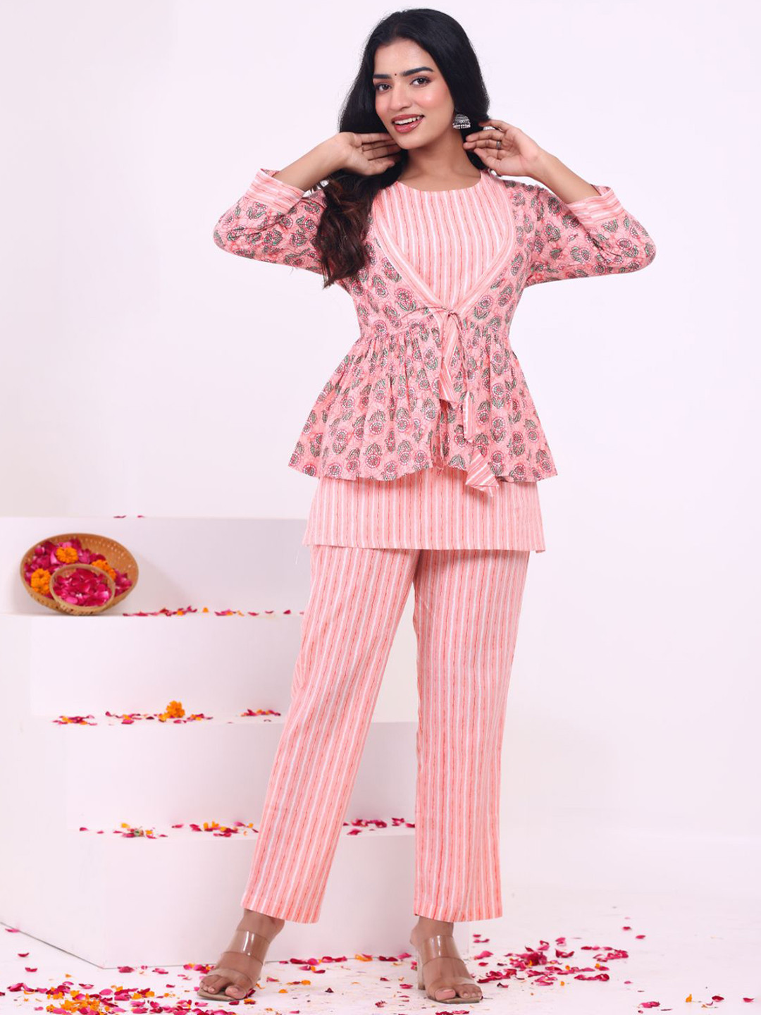 

KALINI Striped Pure Cotton Top With Trousers & Jacket, Peach
