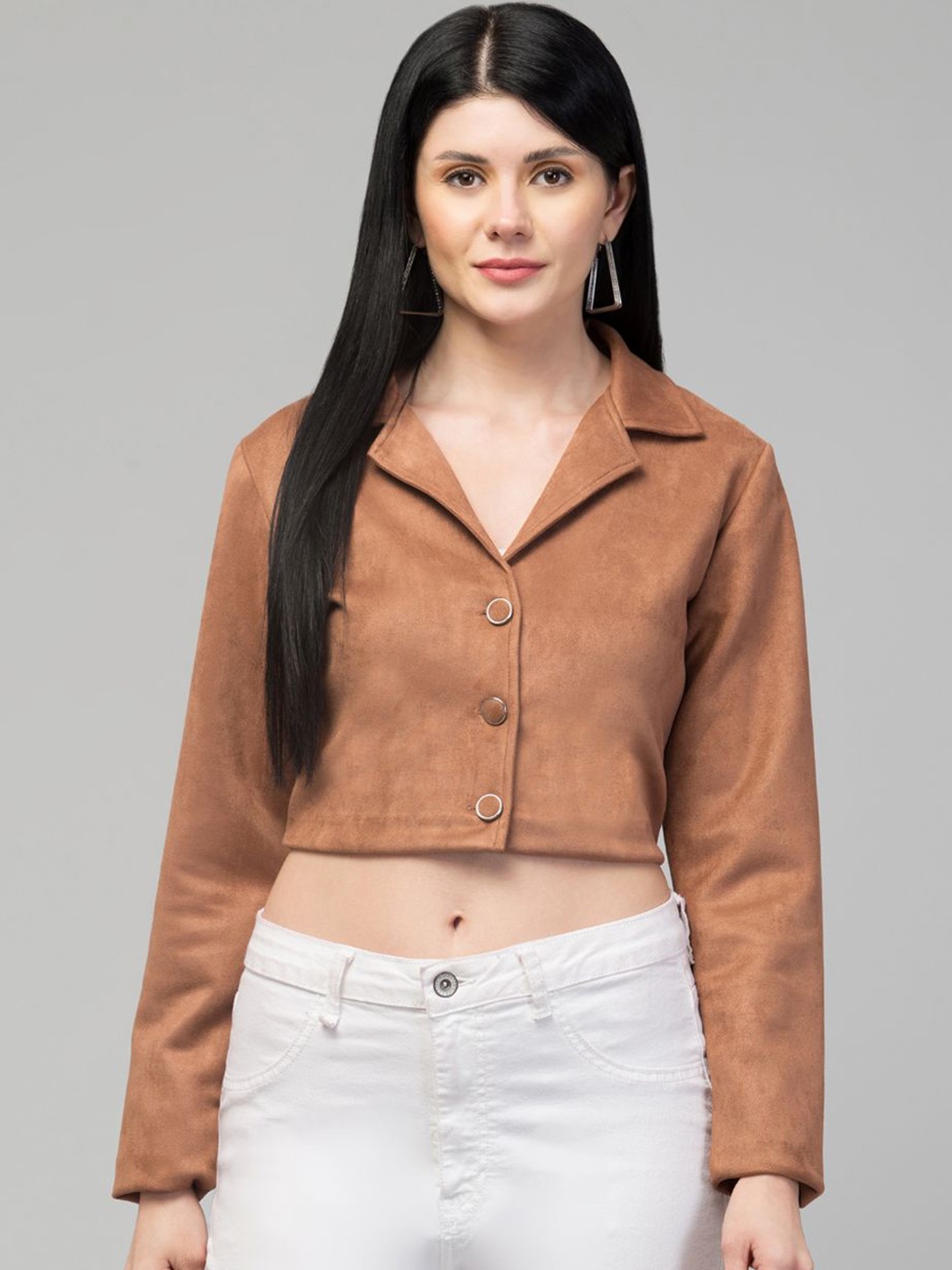 

GalaxyTrendz Notched Lapel Collar Single-Breasted Velvet Comfort-Fit Cropped Casual Blazer, Tan