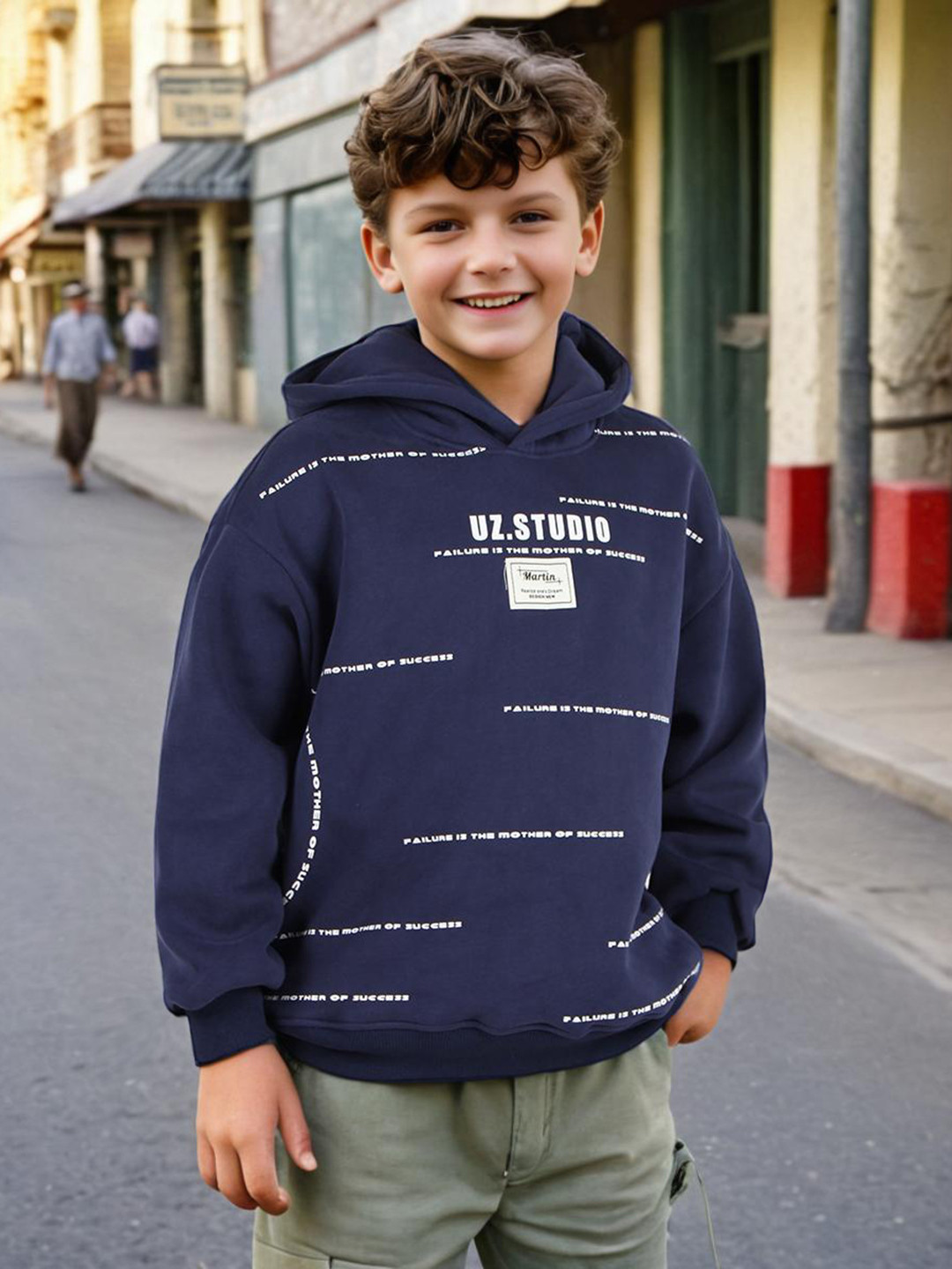 

INCLUD Boys Typography Printed Hooded Pullover Sweatshirt, Navy blue