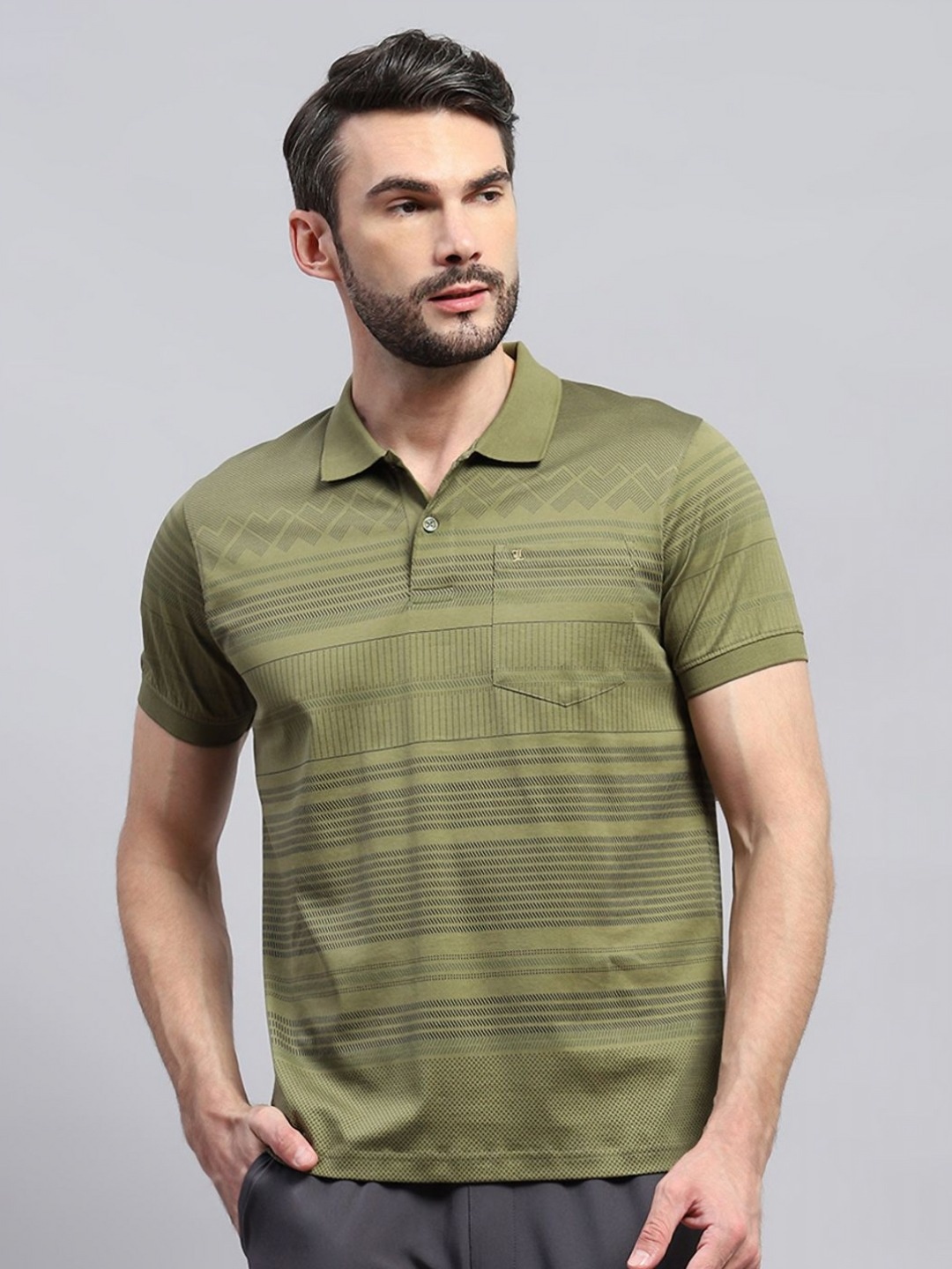 

Monte Carlo Men Self Design Polo Collar Cotton T-shirt, Olive
