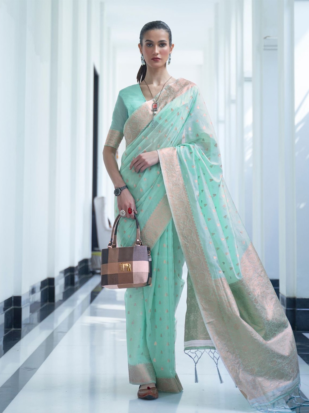 

ODETTE Woven Design Zari Saree, Sea green