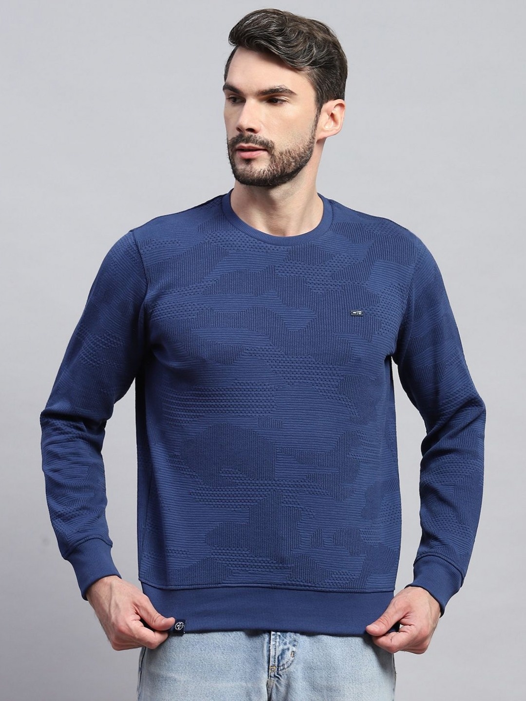 

Monte Carlo Men Self Design Round Neck Cotton T-shirt, Blue