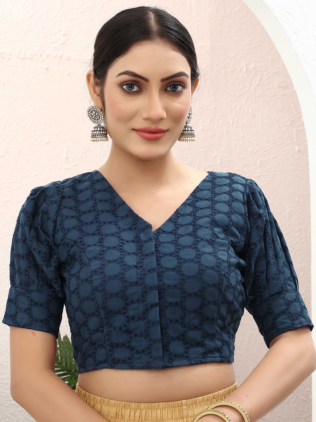 

Krimmple Women Printed V Neck Saree Blouse, Navy blue