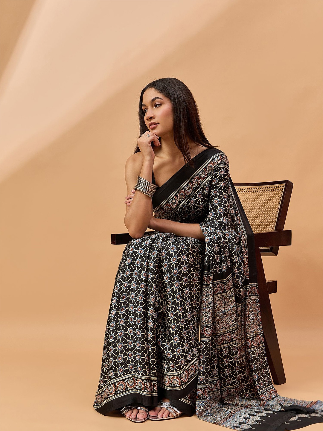 

all about you Ajrak Block Saree, Black