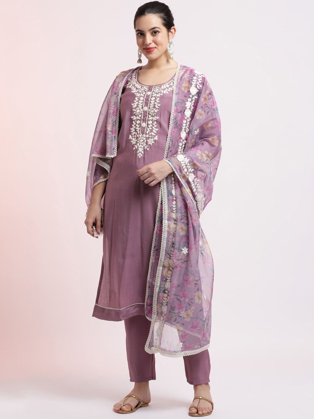 

Jaipur Kurti Floral Embroidered Festive Kurta Set With Dupatta, Purple