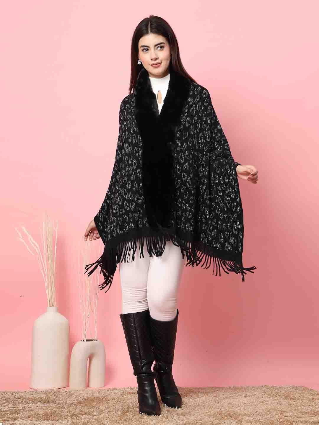 

Mafadeny Women Geometric Printed Poncho, Black