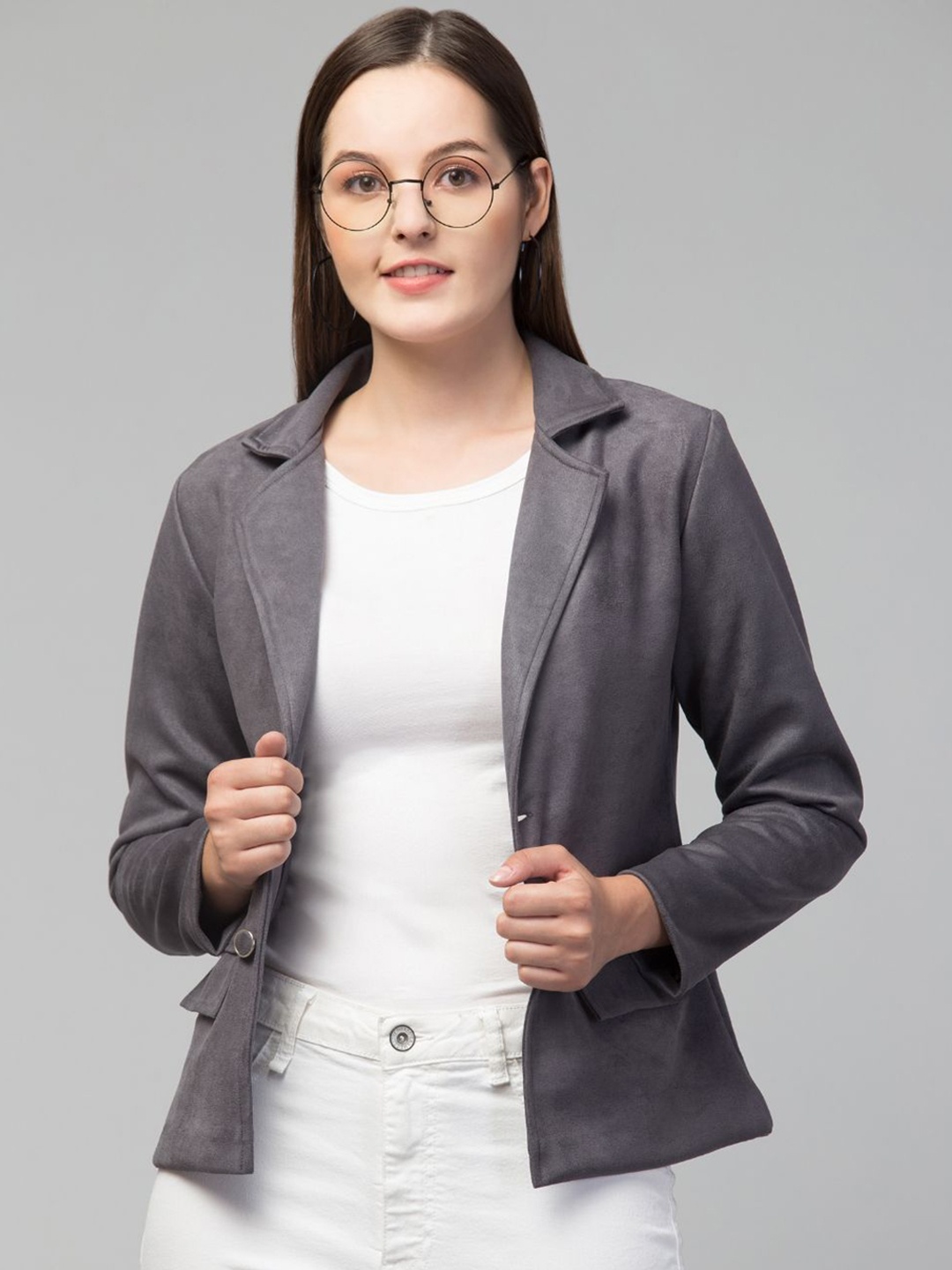 

GalaxyTrendz Notched Lapel Collar Single-Breasted Velvet Comfort-Fit Casual Blazer, Grey melange