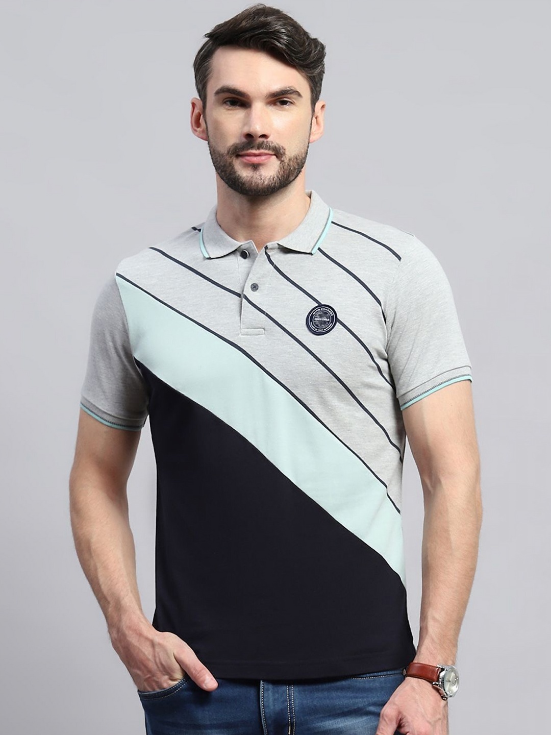 

Monte Carlo Men Self Design Polo Collar Cotton T-shirt, Grey