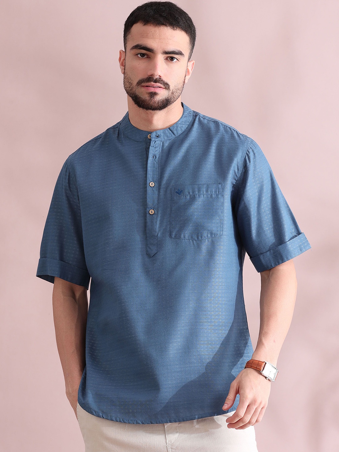 

FILORI Men Woven Design Dobby Pure Cotton Kurta, Blue