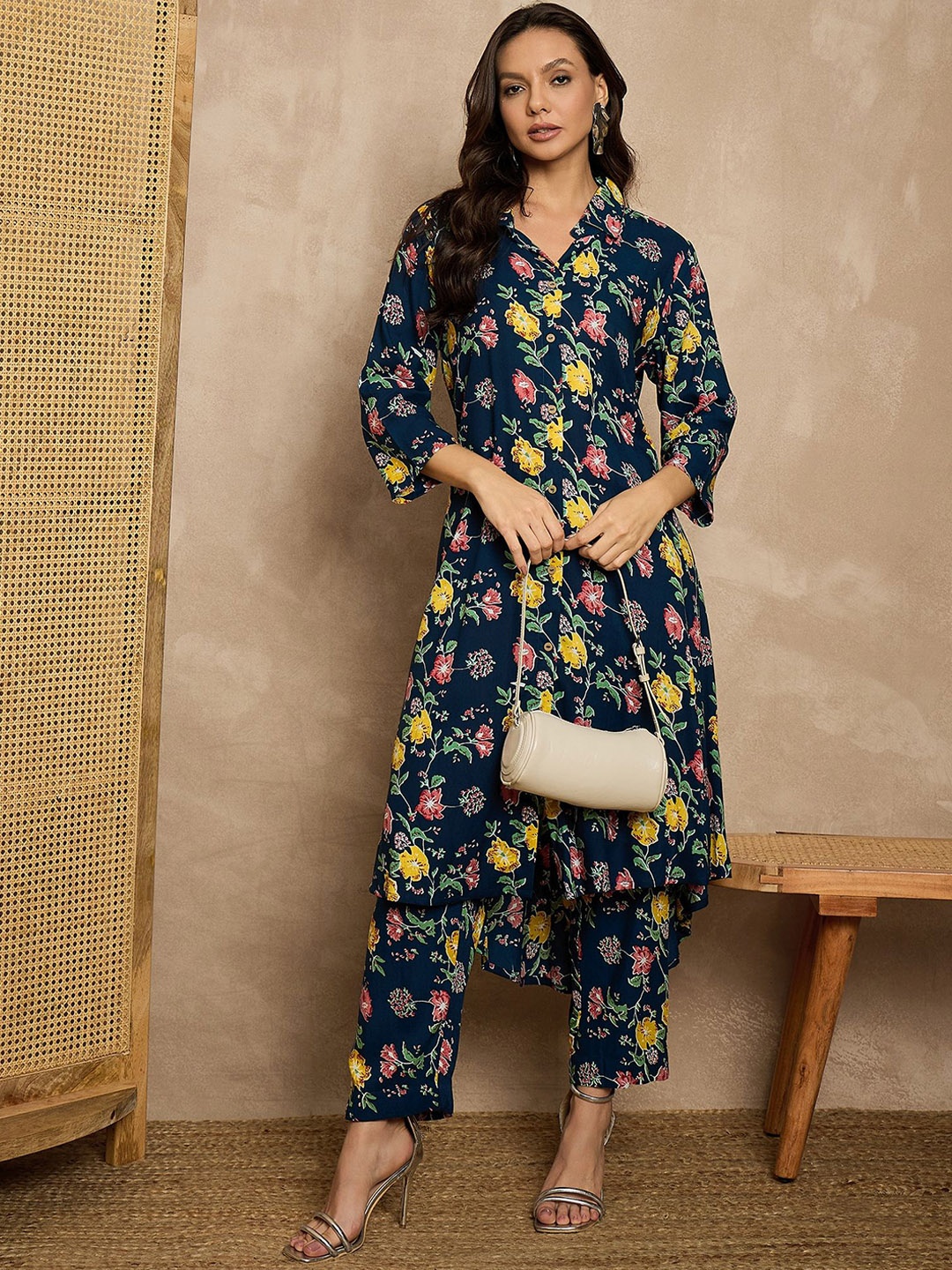 

TANISHA Floral Printed Shirt Collar Tunic With Trousers, Blue