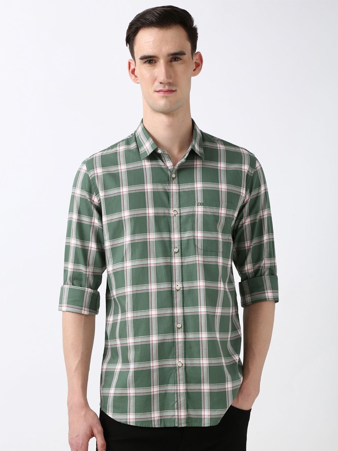 

Peter England Casuals Men Spread Collar Checked Cotton Slim Fit Casual Shirt, Green