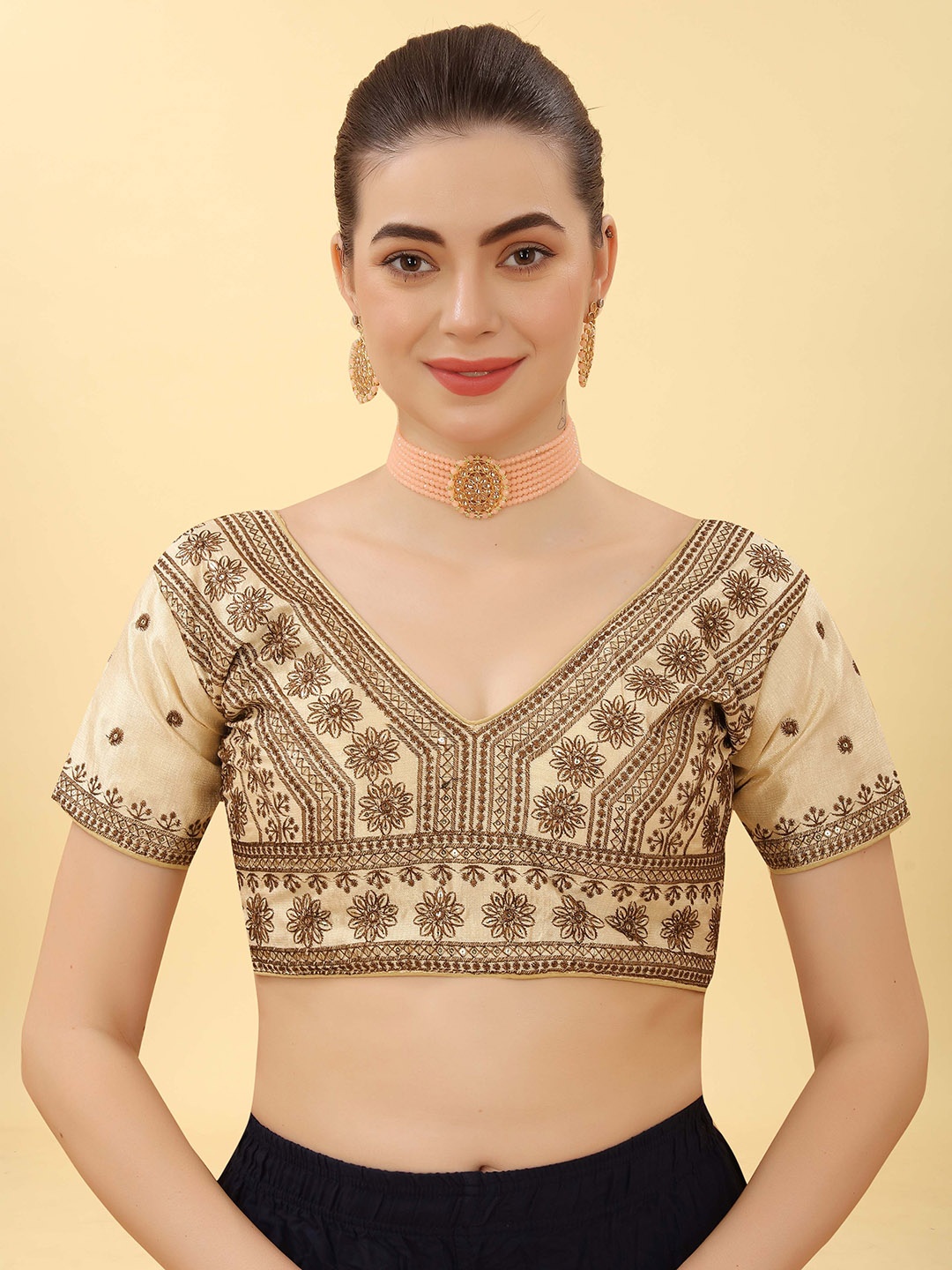

Krimmple Women Embroidered Saree Blouse, Beige