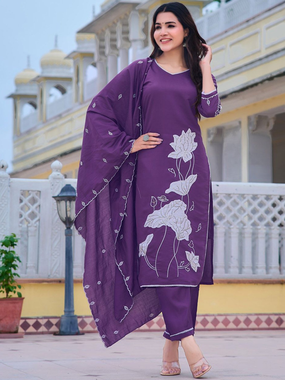 

KALINI Floral Embroidered Thread Work V-Neck Chanderi Cotton Kurta with Trouser & Dupatta, Purple