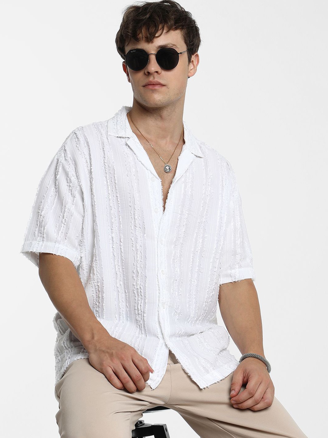 

Campus Sutra Men Comfort Cuban Collar Textured Polycotton Oversized Casual Shirt, White