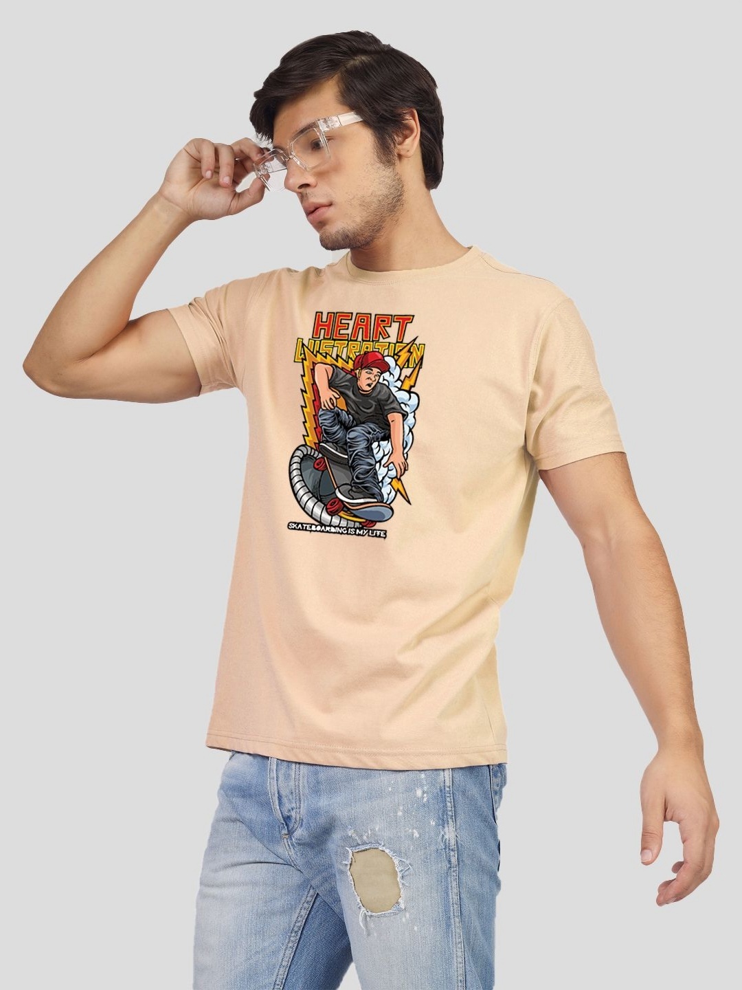 

Greylongg Men Graphic Printed Round Neck Cotton T-shirt, Beige
