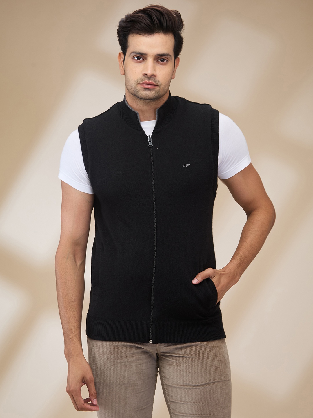 

ColorPlus Men Sleeveless Front-Open Sweater, Black