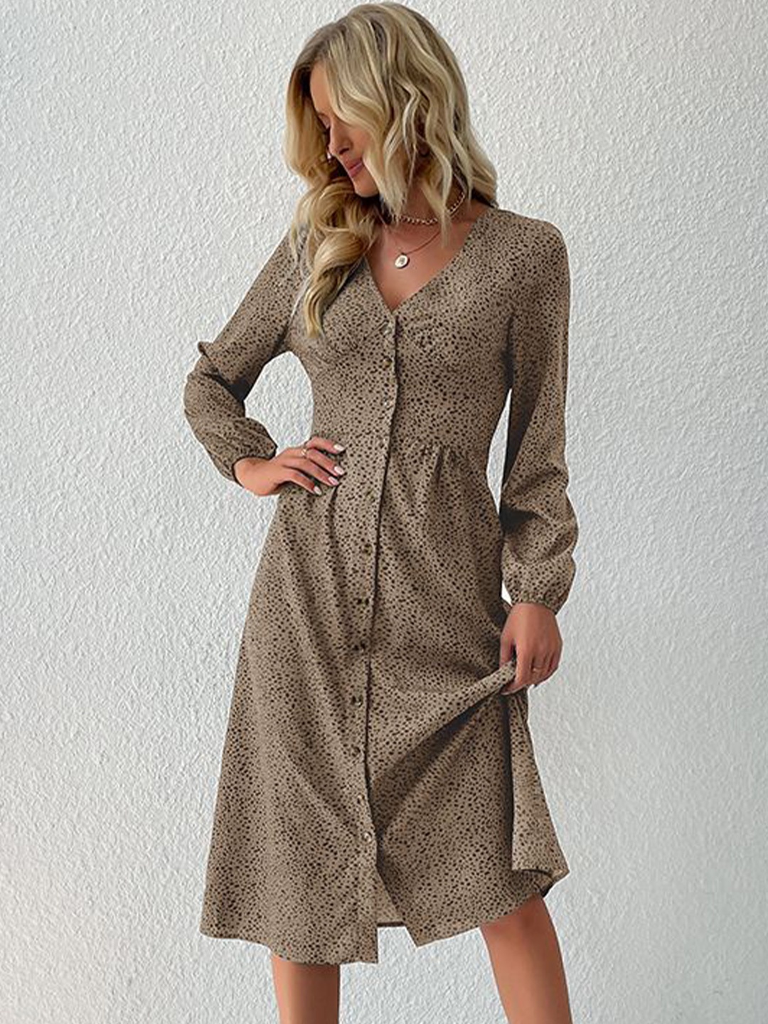 

HERE&NOW Women Animal Printed Puff Sleeves A-Line Dress, Khaki