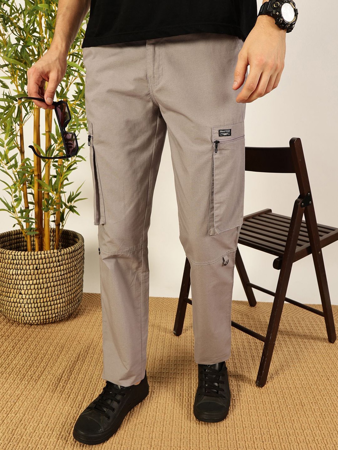 

Thomas Scott Men Smart Easy Wash Mid-Rise Cotton Cargo Trousers, Grey