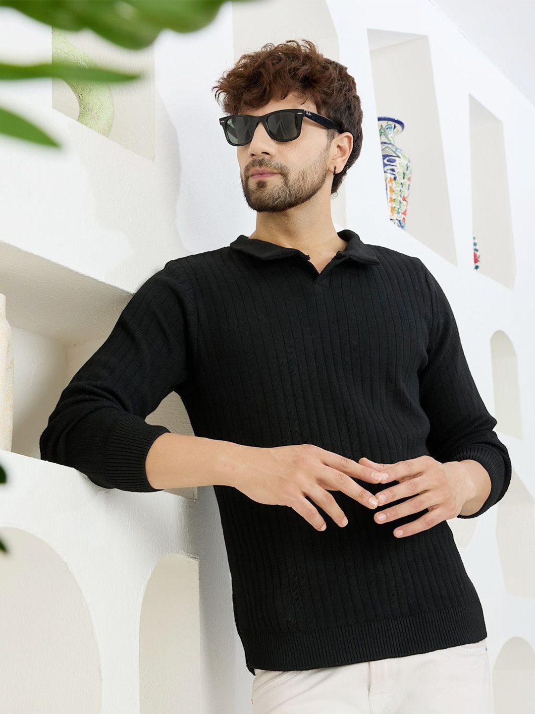 

KVETOO Men Shirt Collar Pullover, Black
