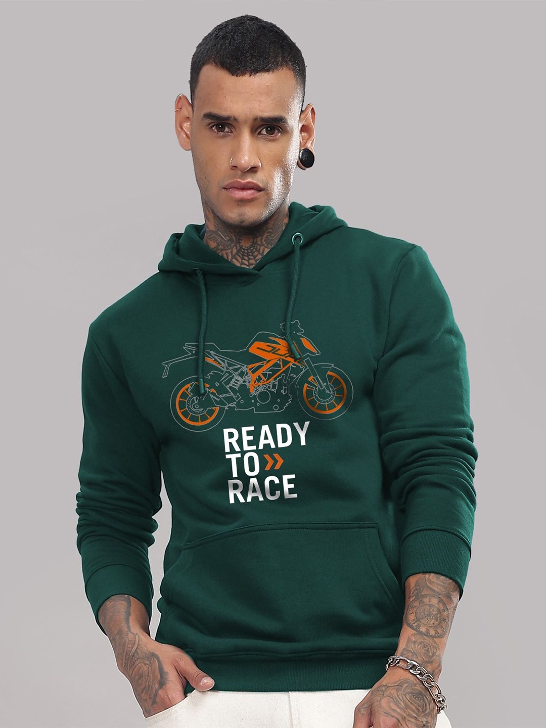 

ADRO Men Cotton Printed Hooded Pullover Sweatshirt, Green
