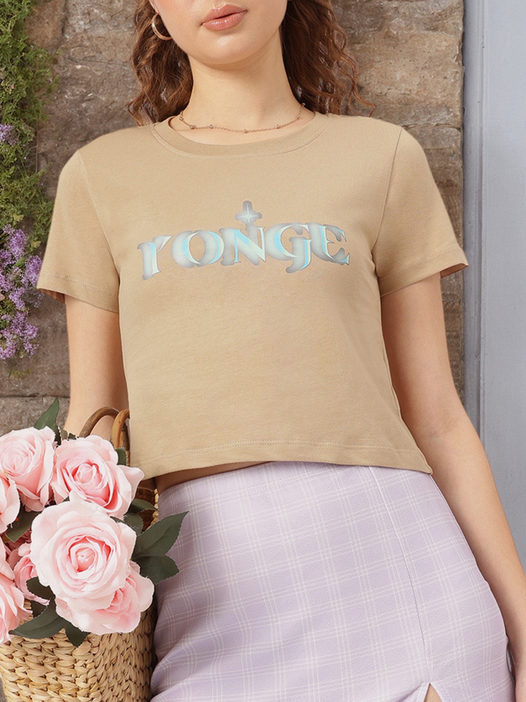 

DressBerry Soft Streetwear Printed Cotton Crop T-shirt, Beige