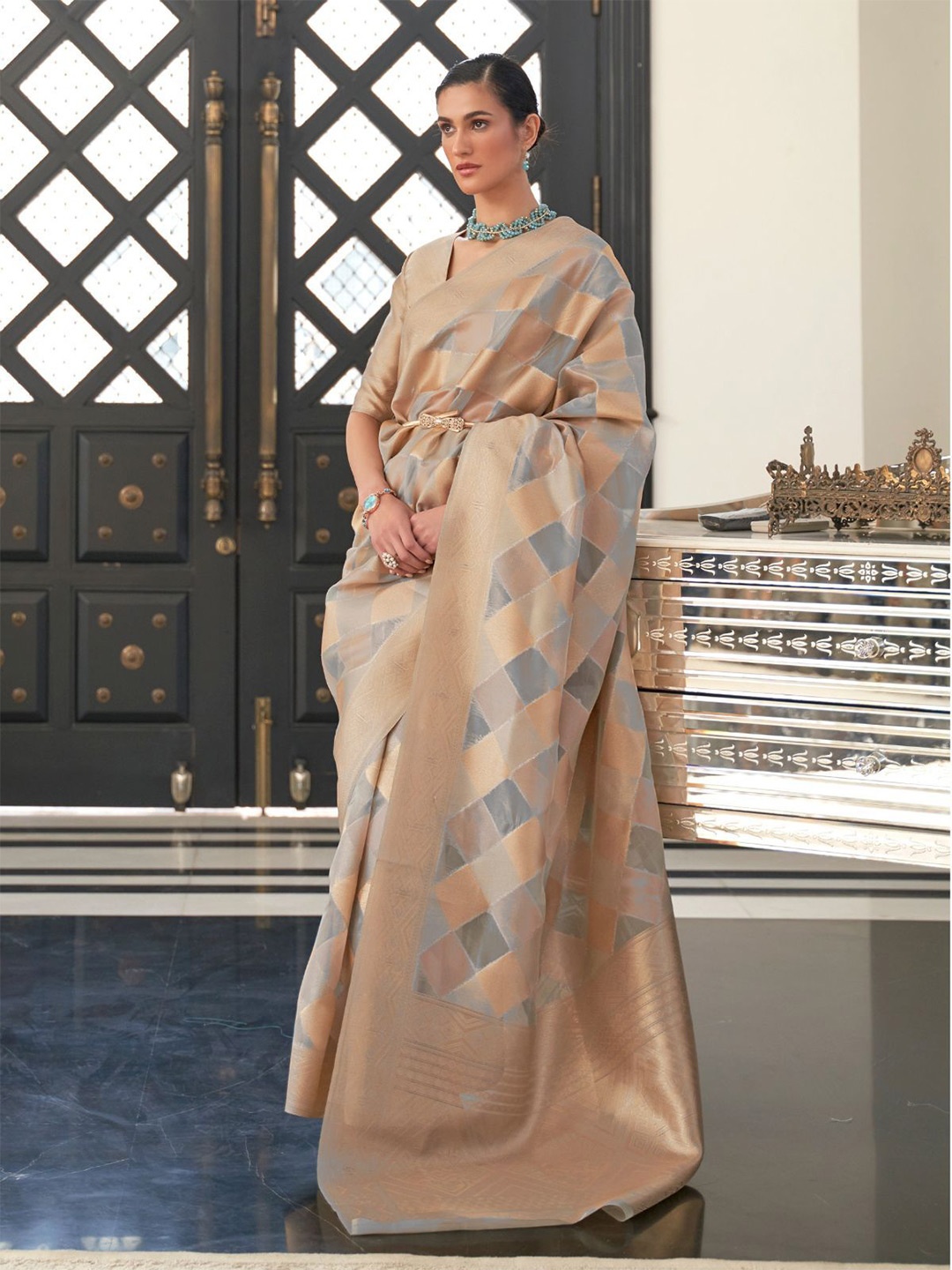 

ODETTE Woven Design Zari Saree With Blouse Piece, Grey